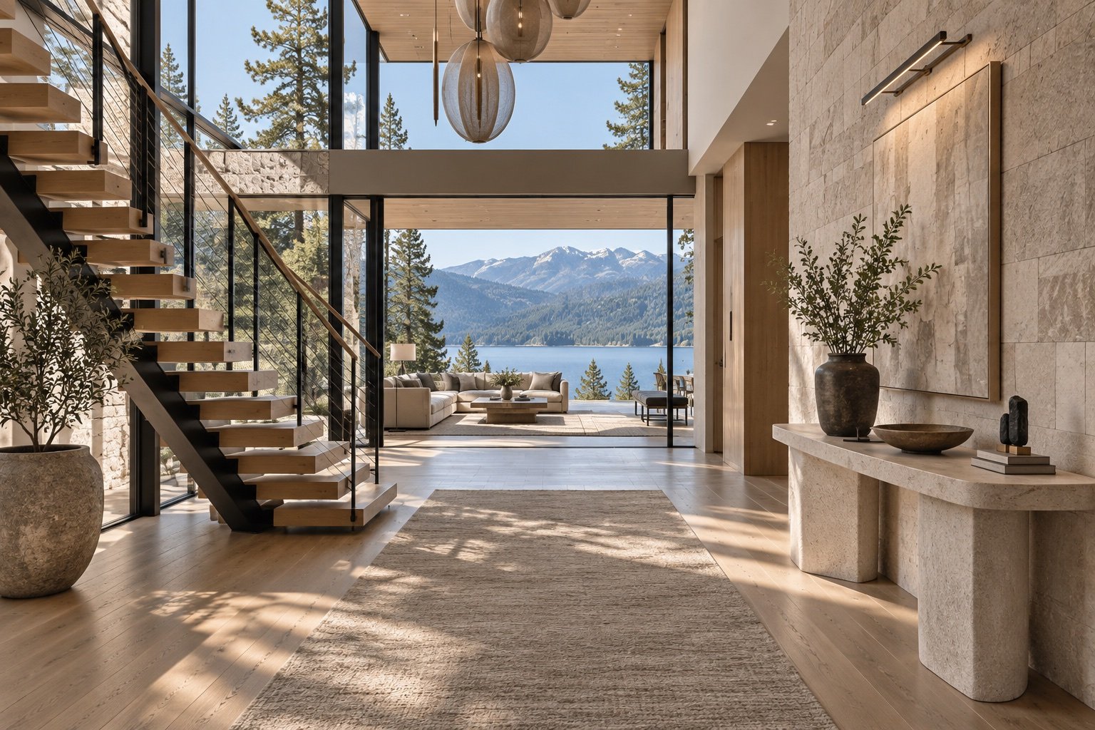A sunlit entry hall with a floating oak staircase, opening onto a living room and the lake