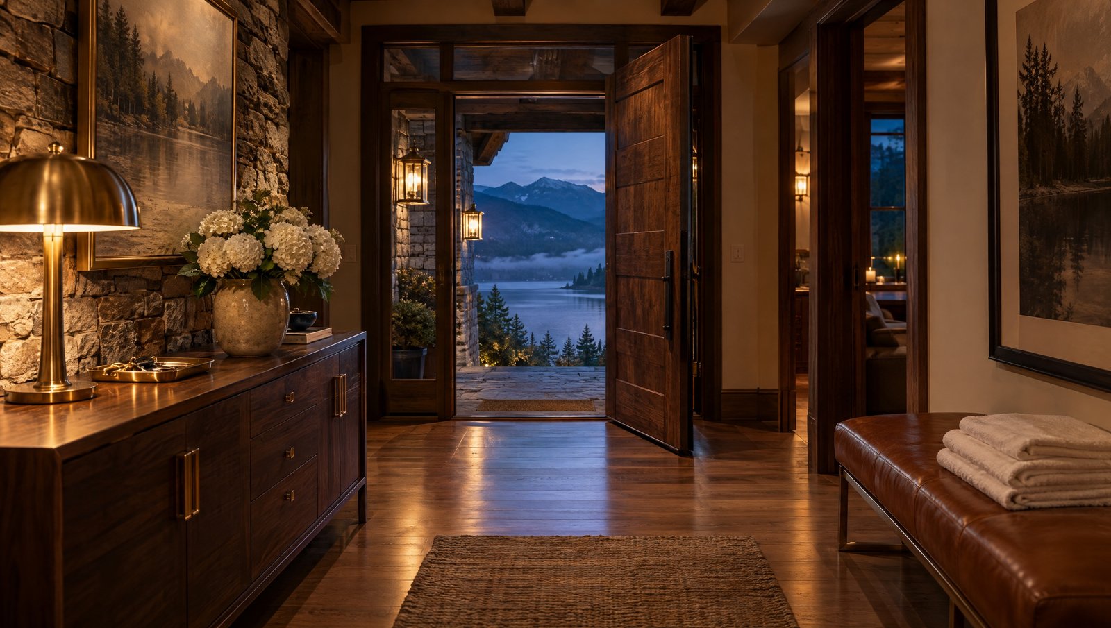 The lamplit entry hall of a lake house with fresh linens and hydrangeas, the front door open to the lake