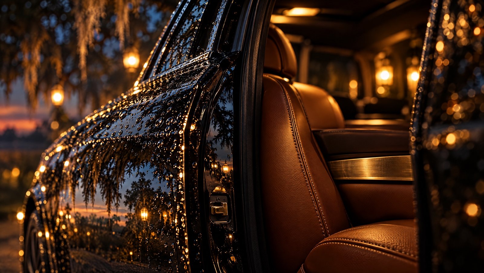 Close-up of water beading on black paint beside a cognac leather seat