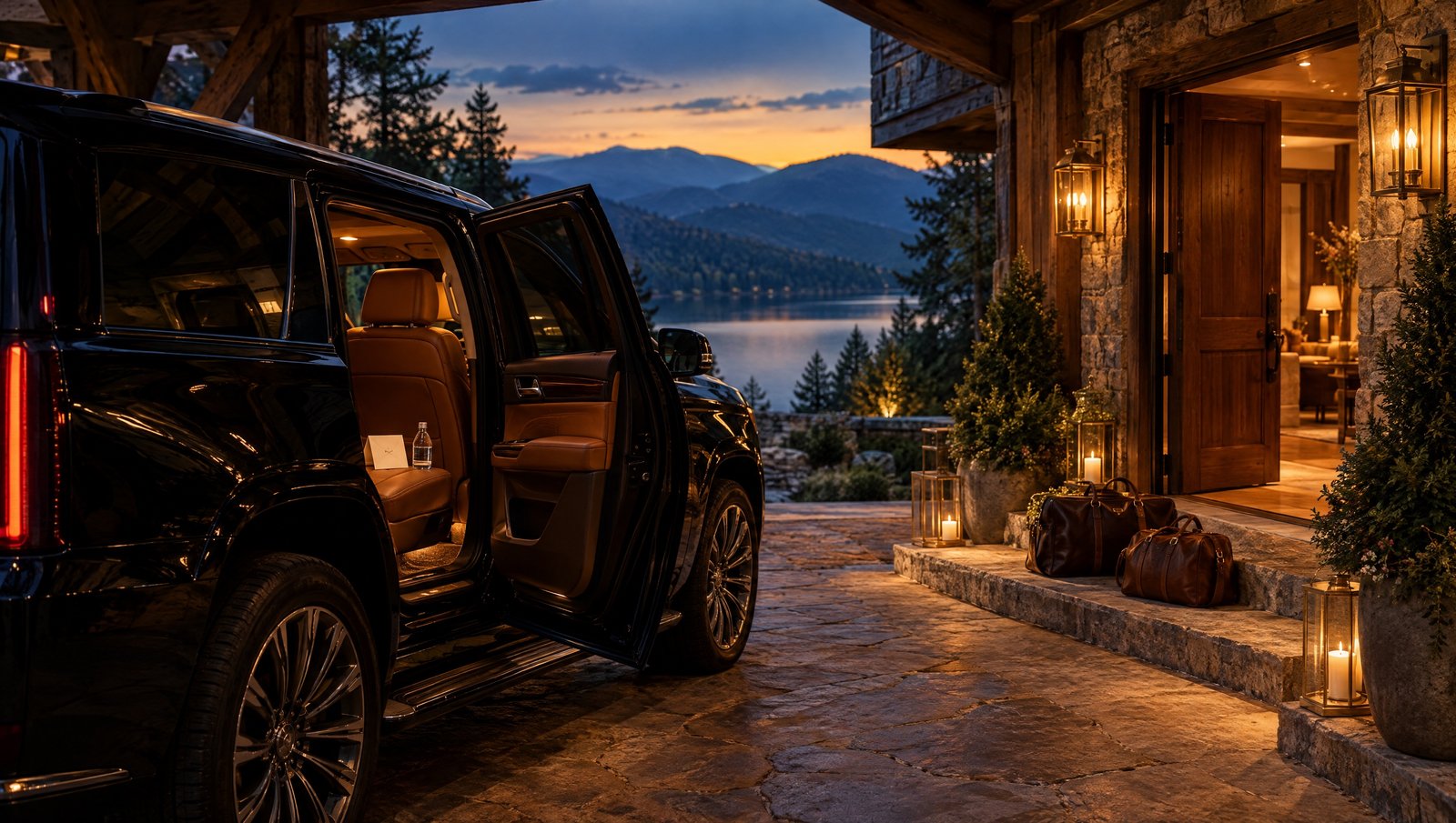 A black SUV at the stone entry of a lake house at dusk, rear door open to cognac leather